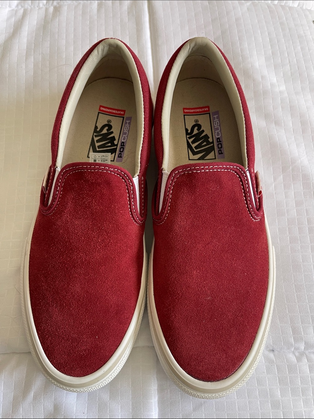 Vans Slip-On Suede Sneakers in Burgundy and White
